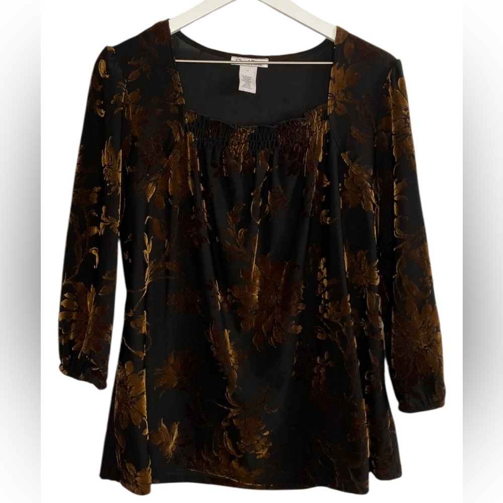 VTG Witchy Velvet Burnout Blouse L Whimsigoth Top Artsy Black Bronze